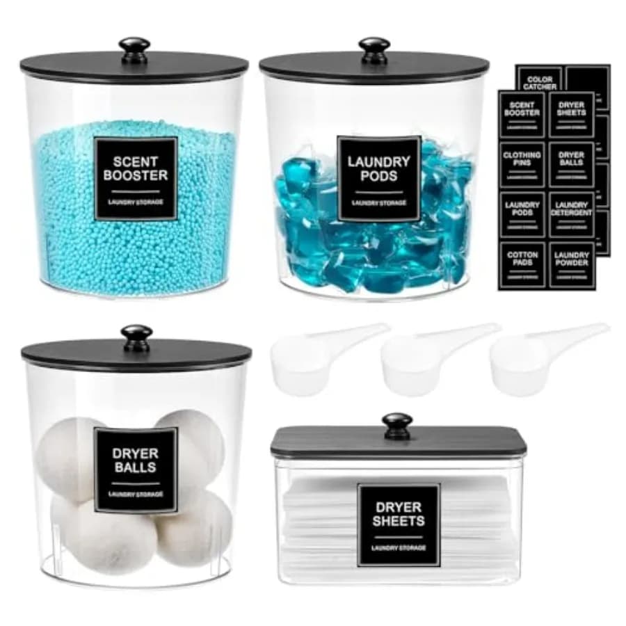 Laundry Pods Container and Dryer Sheet Holder, Laundry Room Organization and Storage Jars with Lids, Labels and Scoops for Powd