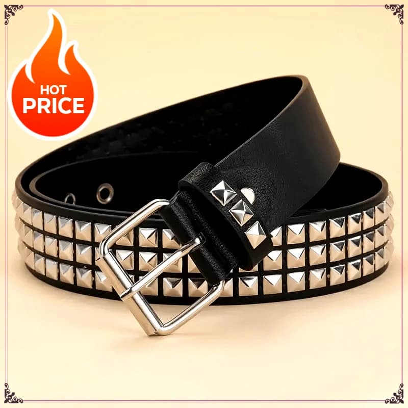 Set di cinture con rivetti in stile punk, dotato di fibbia quadrata in acciaio inossidabile, materiale del pannello in PU, decorazioni con rivetti a piramide per uomo e donna.