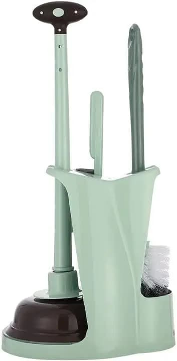 Set 3-in-1 Verde per Pulizia WC con Supporto, Spazzola e Sturalavandini, per Camper, Roulotte, Appartamenti