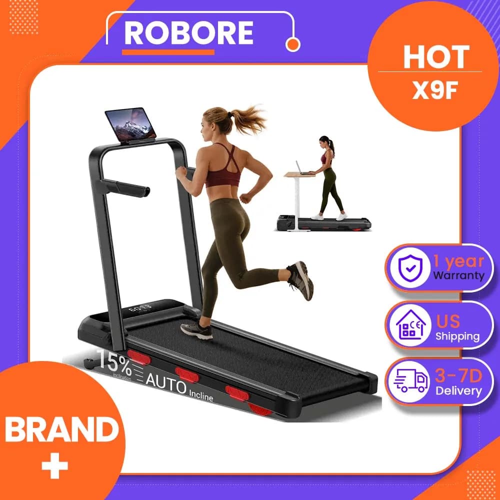 ROBORE X9F 15% Auto Incline Treadmill, 7.5 MPH Folding Walking Pad with Safety Handle, Quiet Powerful Motor, 12 Speed Levels, 6-Layer Shock Absorption, LED Display Under Desk Treadmill for Home Workout, Walking, Jogging & Running