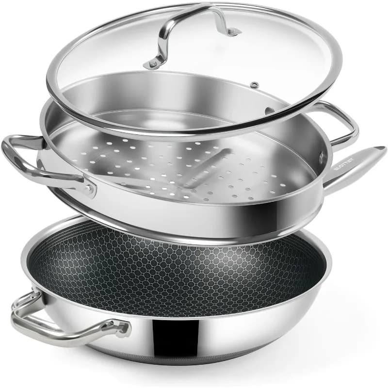 12 inch Wok with steam cooking, stainless steel non-stick Wok and frying pans with lid, stagnant handle, pots without POA, dish