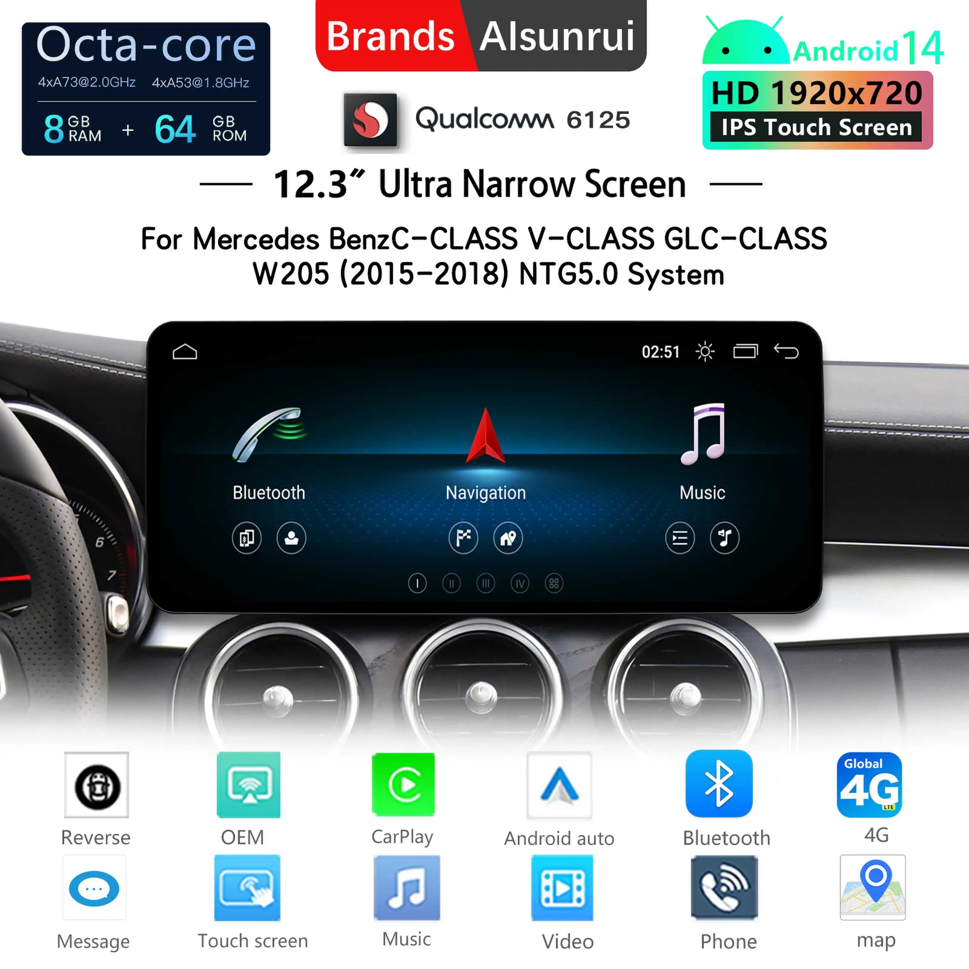 Snapdragon 665 Android 14 Per Mercedes Benz V GLC Classe W446 W447 X253 W205 S205 2015-2018 Schermo Multimediale Auto CarPlay