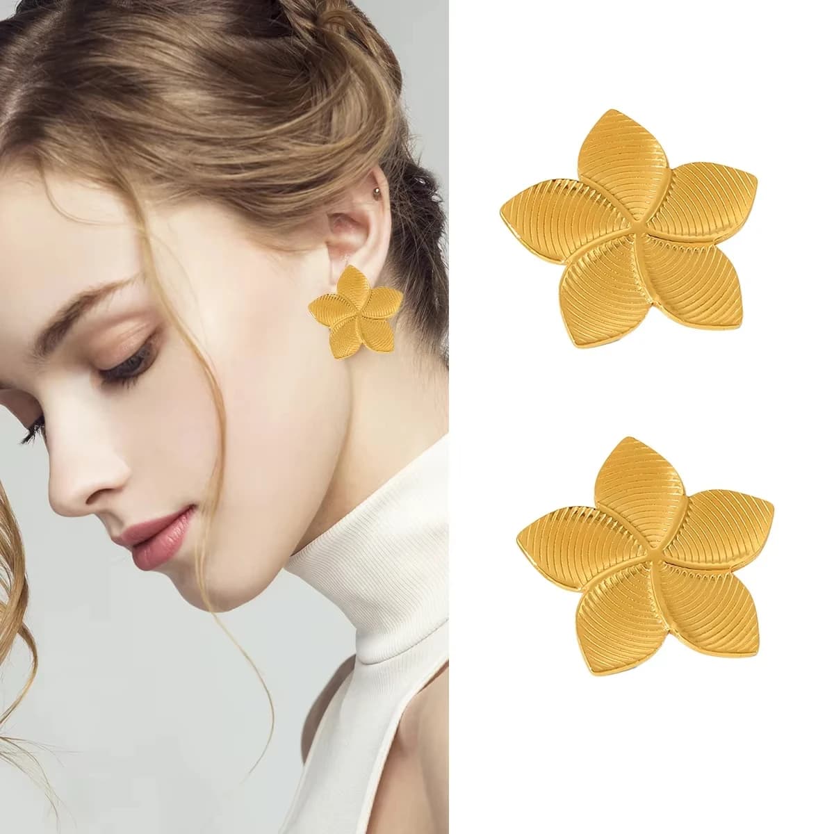 Orecchini a Perno Trendy Vintage Placcati in Oro 18K con Grande Fiore a Righe, Gioielli in Acciaio Inossidabile Impermeabili e Ipoallergenici