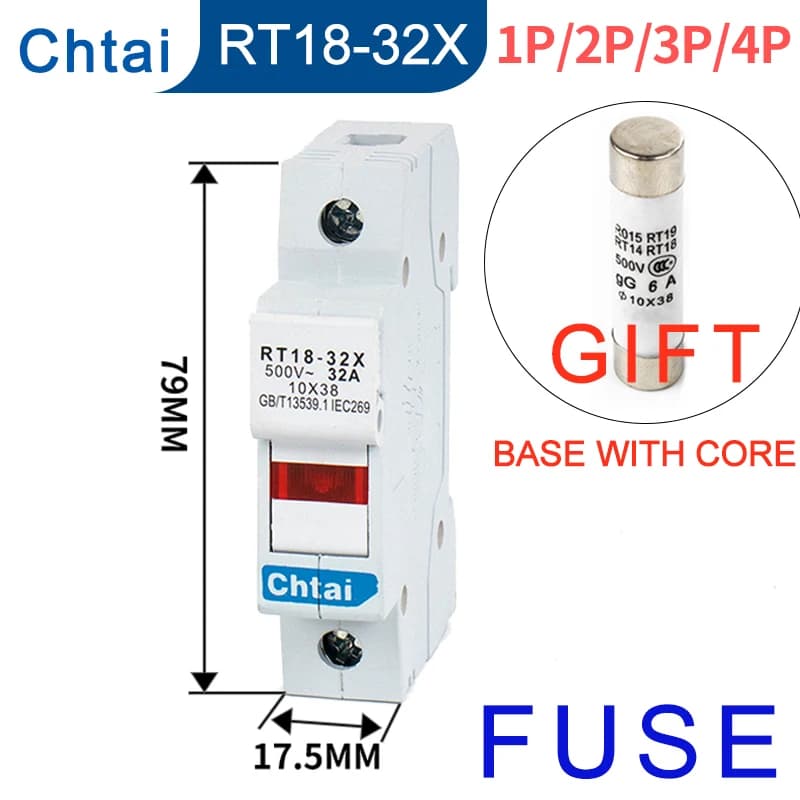 RT18-32X 1/2/3/4P 2/3/4/5/6/8/10/16/20/25/32A Portafusibili per montaggio su guida Din Portafusibili Base per 10x38mm AC690V 500V