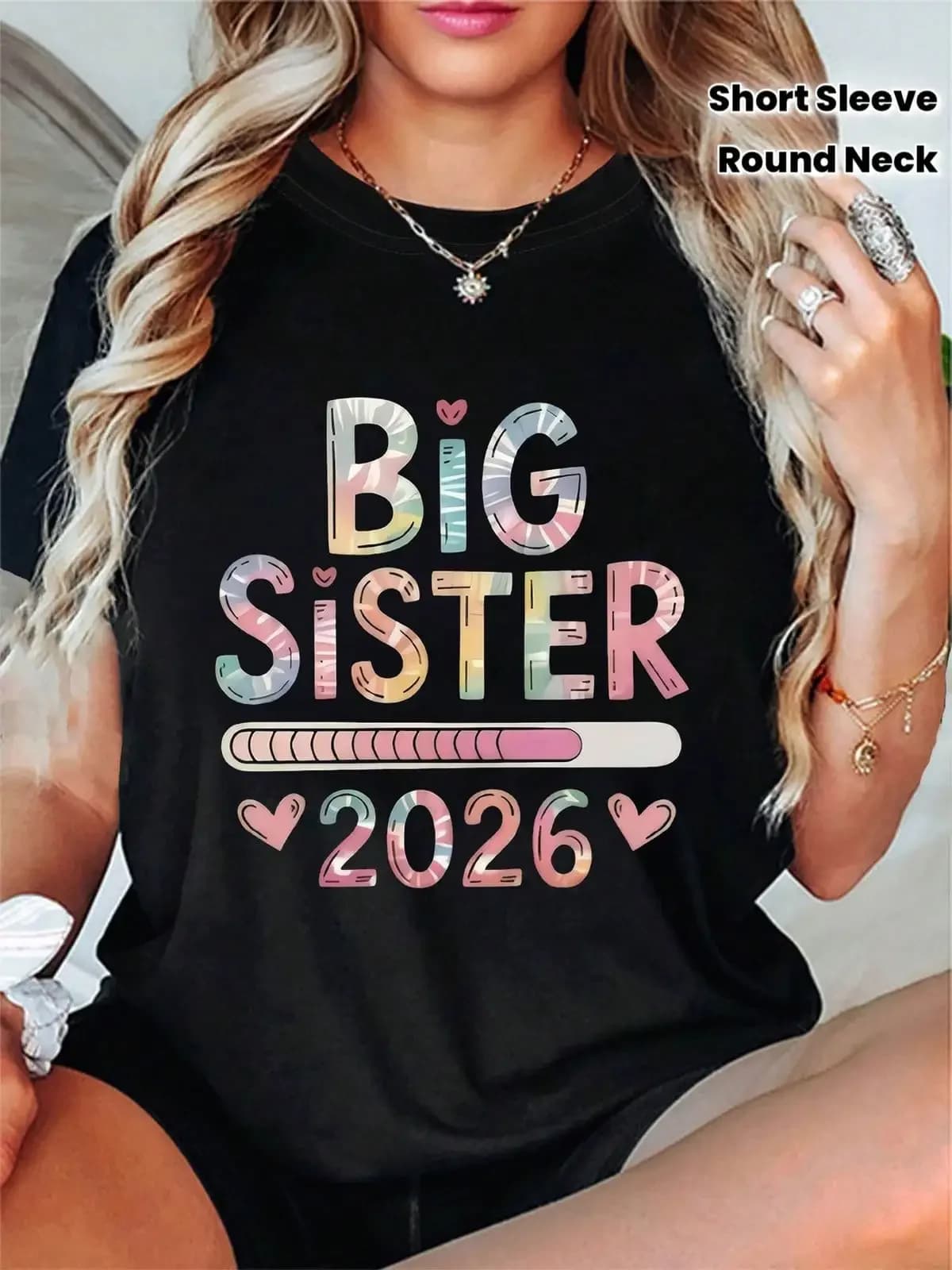 "2026 Big Sister" New Sister Anticipation Text Print Women'S Round Neck Spring Summer Short Sleeve T-Shirt,Suitable For All Seasons, Everyday Wear For Wome