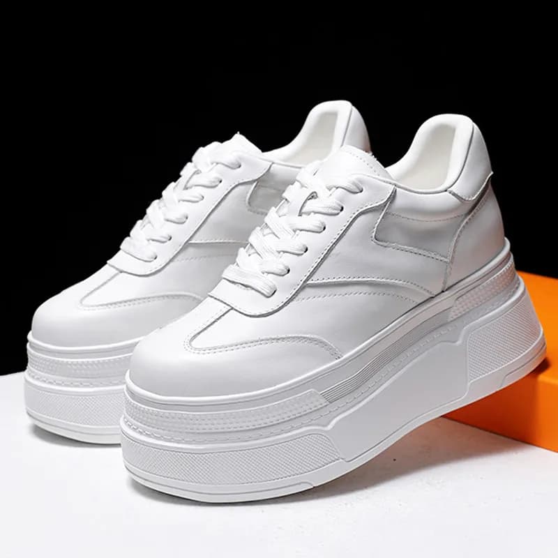 Scarpe Bianche da Donna alla Moda in Vera Pelle, Sneakers con Plateau Rialzato, Scarpe Casual Versatili con Aumento di Altezza