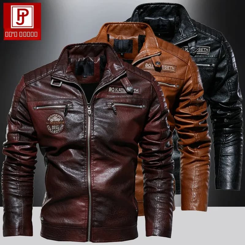 Men's PU Leather Jacket, Fashion Winter Biker Style, Pile Lining, Durable Leather Coat, Streetwear Trendy Jacket