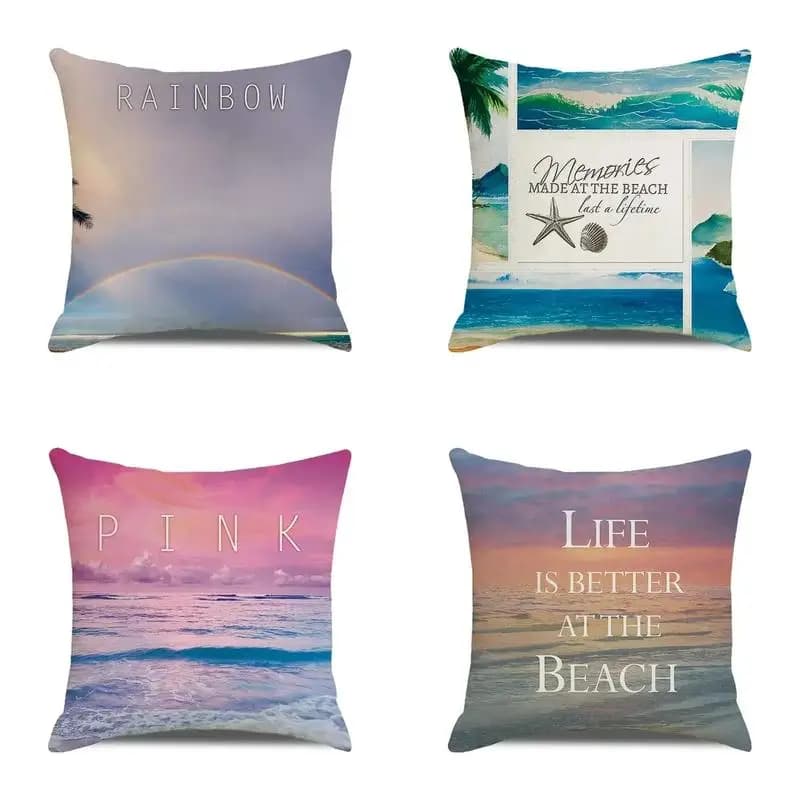 Beach Scenes: Rainbow, Pink, Life Quotes Pattern Cushion Cover Suitable For Sofa Bedroom Car Pillow Cover