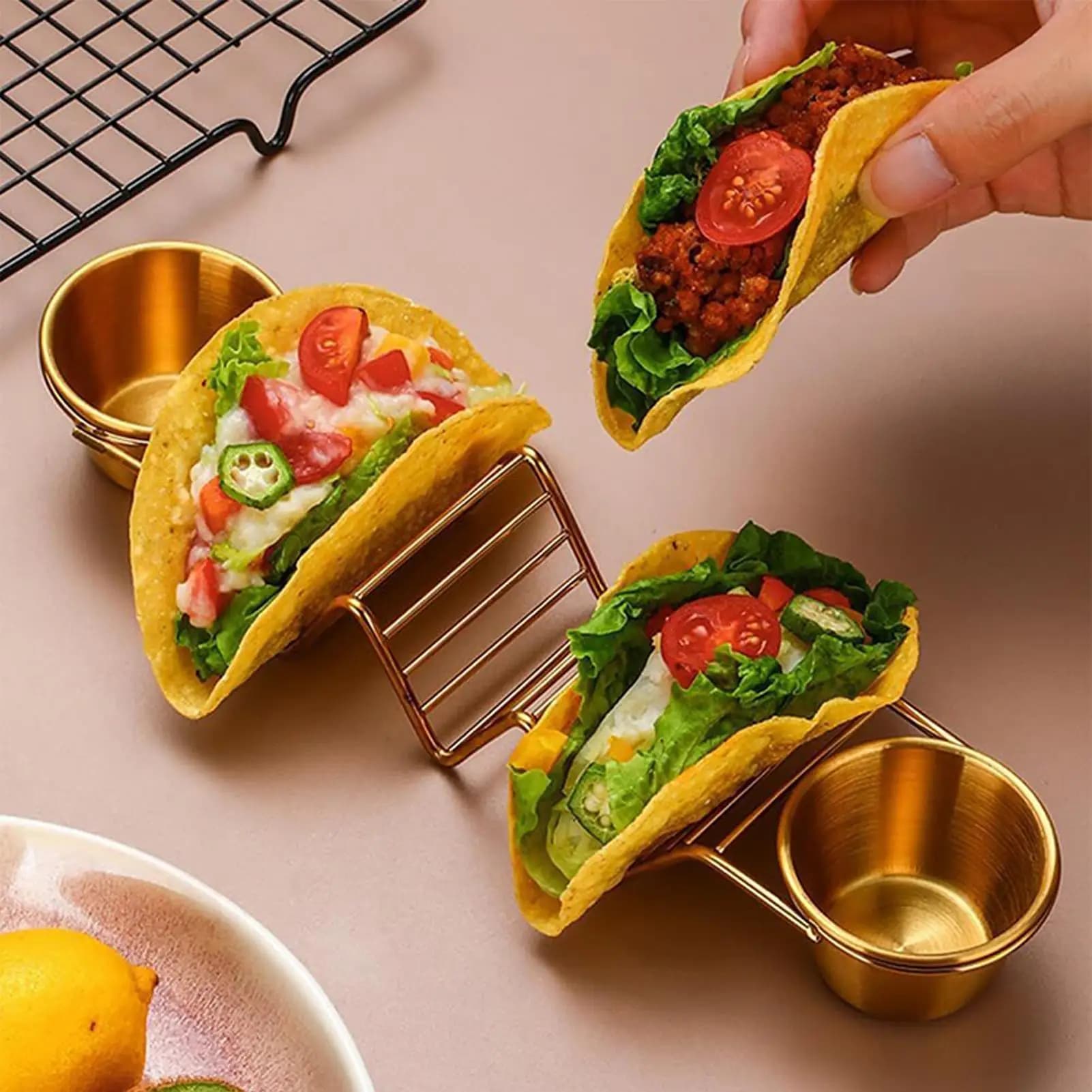 Stainless Steel Plateholder with 2 Sauce Covers, 3 Tortillas Support, Tacos Tray, Suitable for Air and Oven Fryer, Kitchen Accessories
