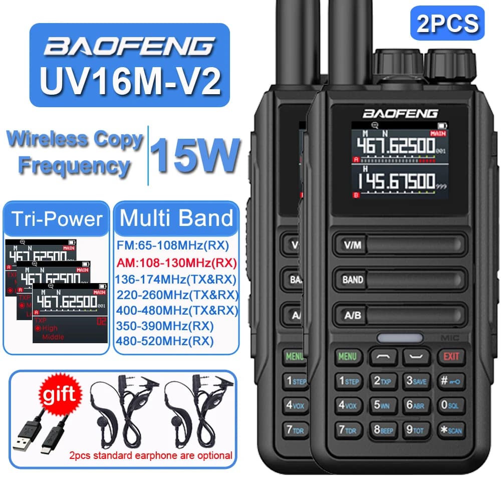 2PCS Baofeng UV16M Wirless Copia Frequenza Multi Band Walkie Talkie A Lungo Raggio Bidirezionale Ham Radio Tipo-C 15W UV16M V2 Ricetrasmettitore