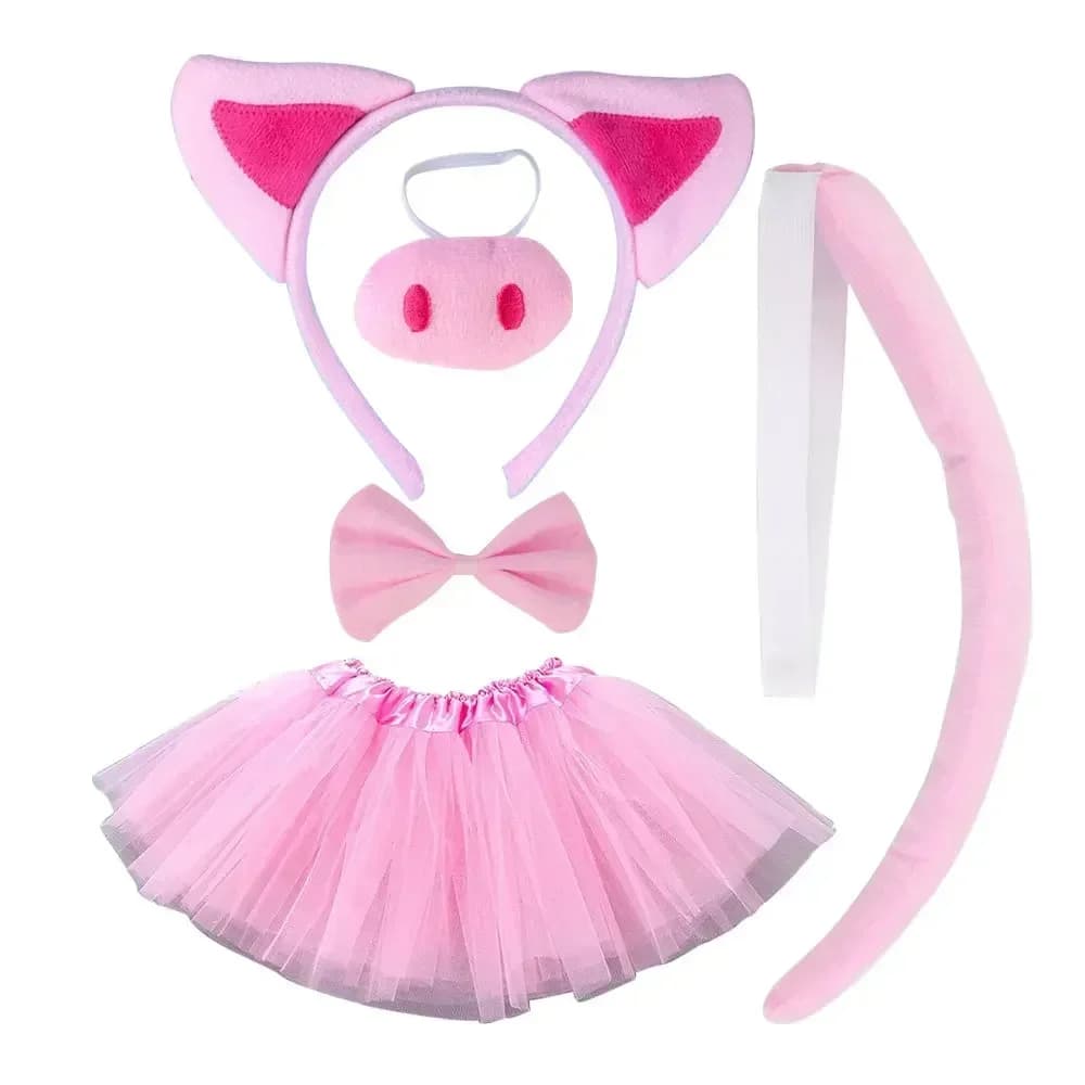 Party Kids Boy Girls Pink Pig Costume Set Mesh Skirt Tutu Plush Animal Ear Nose Headband Tail Paw Gloves Cosplay Accessories