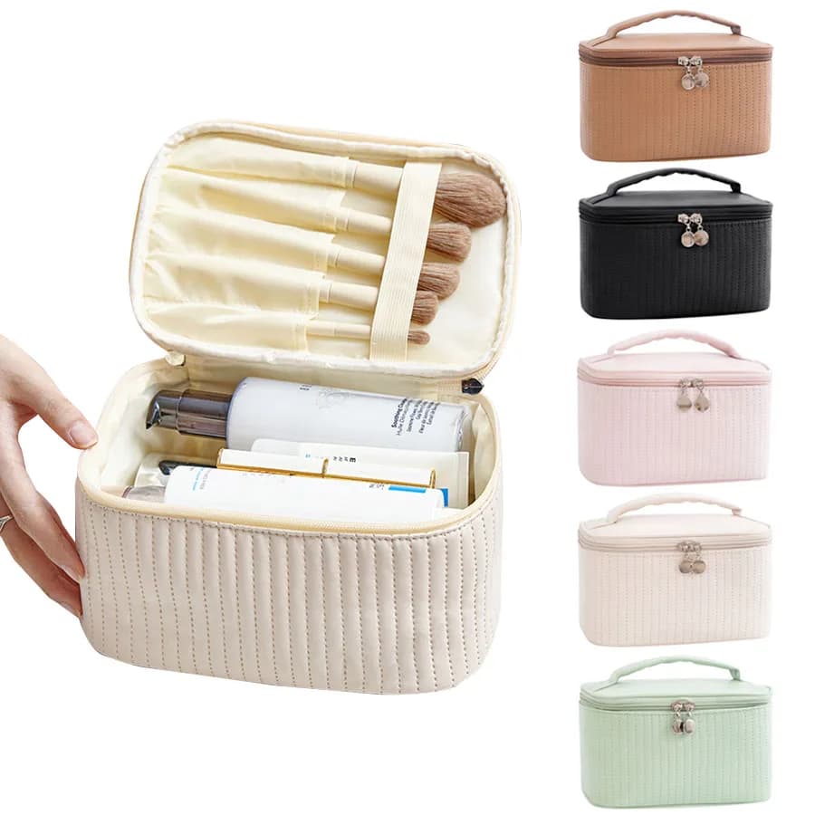 Makeup Bags for Women Travel Toiletry Cute Cases Bag Portable Solid Color Makeup Organizer Box Cosmetic Bag Neceser PU Leather