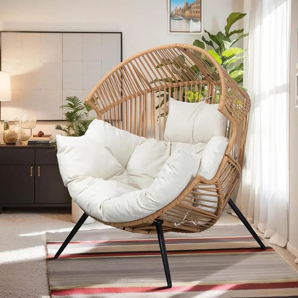 Poltrona a Uovo in Vimini Imbottita Oversize, Ideale per Patio, Interni, Balcone, Cortile, Giardino, Beige