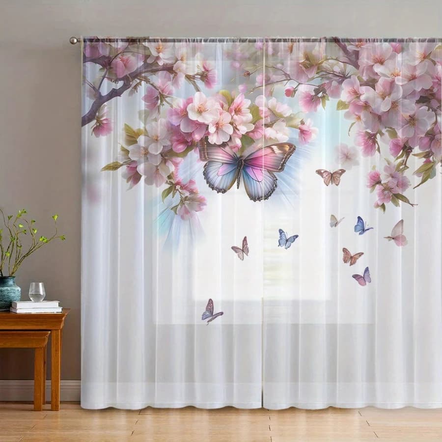 2PCS Digital Print Sheer Curtain, Butterfly Shadows Among Cherry Blossoms Pattern, Elegant Mysterious Japanese Floral Decor