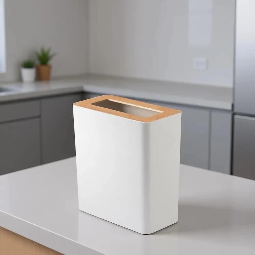 Cestino per Rifiuti Compatto in Acciaio e Legno per Casa, Cucina e Bagno