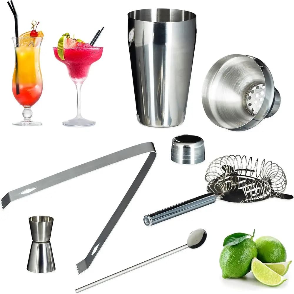 6 Piece Bar Set, Large Stainless Steel Cocktail Set with Shaker, Measuring Measure, Spoon, Strainer and Tongs, Bamboo Chopping B