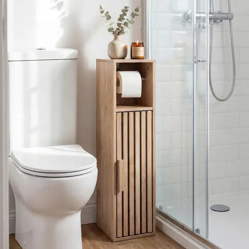 Mobiletti Sottile da Bagno Autoportanti con Porta e Porta Carta Igienica - Naturale