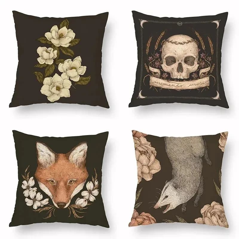 Floral & Animal Skull Patterned throw pillow cover with short plush print for living room sofa decoration cushion cover