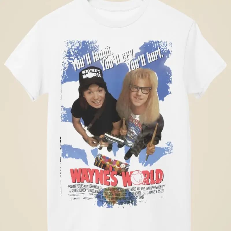 Maglietta bianca unisex ispirata al poster del film Wayne s World
