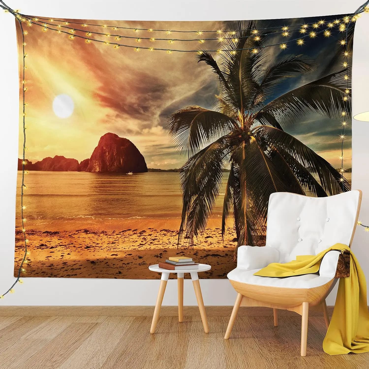 Ocean Tapestry, Havana Beach Sunny Tropics Mountains Rocks and Coconut Palm Trees,Wide Wall Hanging for Bedroom Living Room Dorm