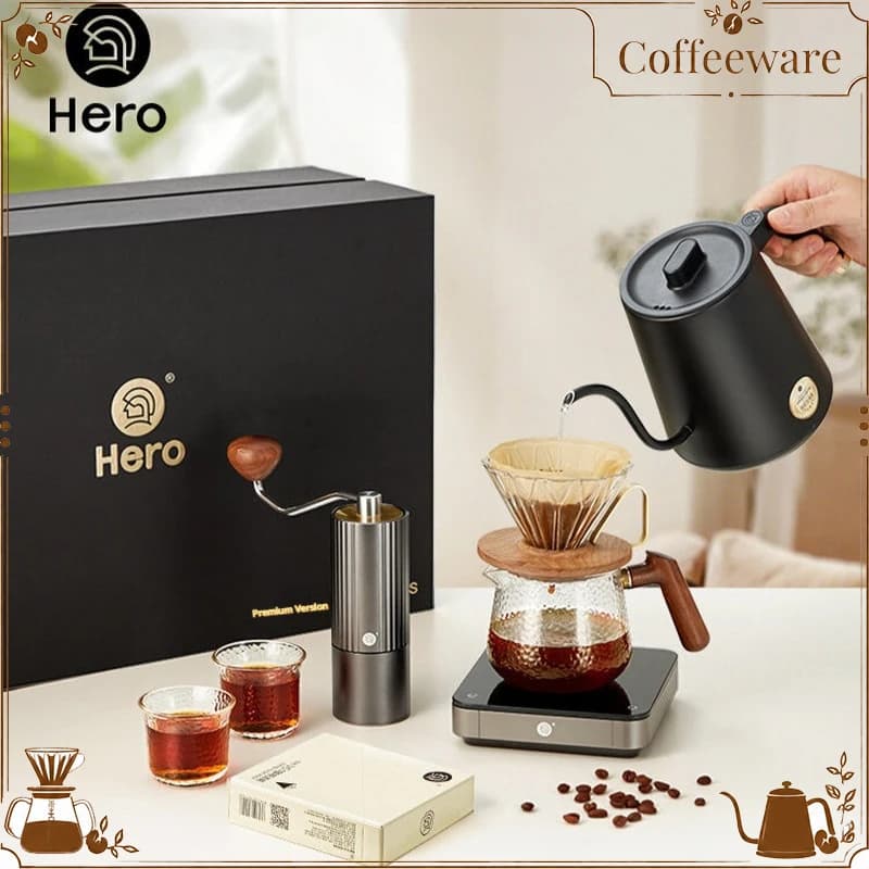 Hero Pour Over Coffee Gift Set Temperature Control Gooseneck Kettle Manual Coffee Grinder Glass Server For Home Brewing