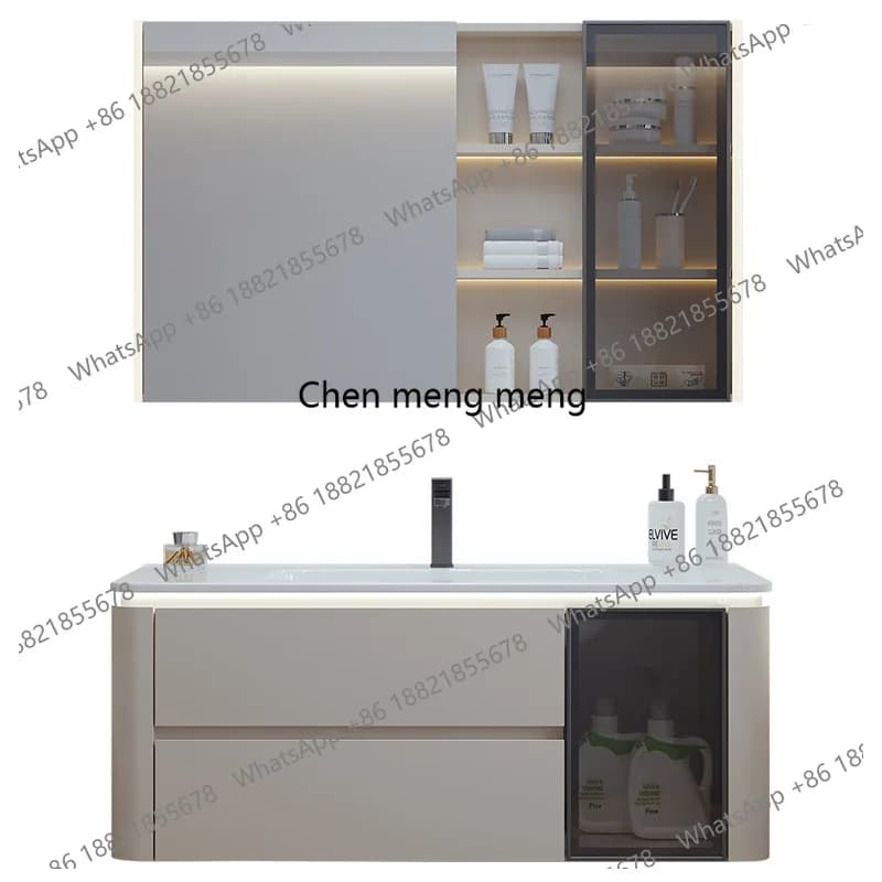 Mobili da Bagno con Ante in Vetro, Lavabo Arcuato, Specchio, Mobili da Bagno in Ceramica Integrati, Gabinetti