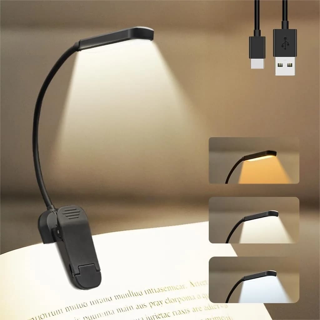 Rechargeable LED reading lamp with 60 hours autonomy, 15 levels of adjustment, flexible clip to read at night - Perfect for studying and