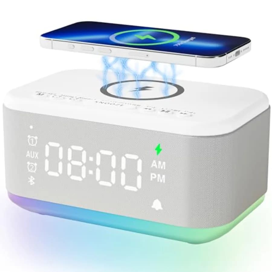 Sveglia con Altoparlante e Caricatore Wireless, Orologio Digitale Bluetooth per Camera da Letto con Luce Dimmerabile e Doppio Allarme Snooze