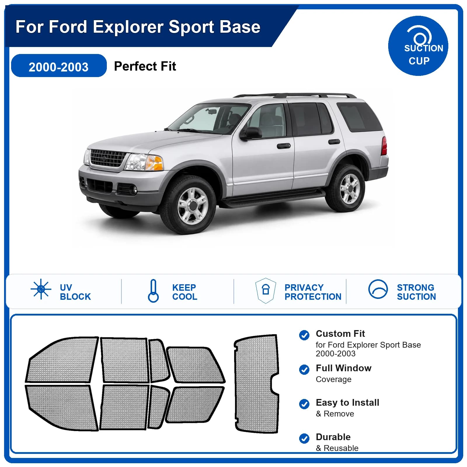 For Ford Explorer Sport Base 2000-2003 Custom Full Set Windshield Sun Shade Aluminum Foil Heat Insulation Anti UV Foldable