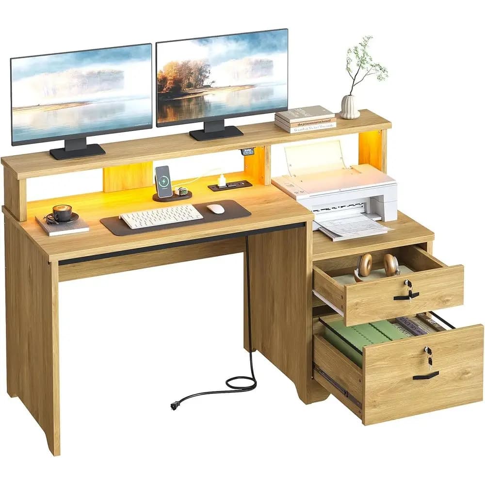 55 Natural Oak Computer Desk with Power Outlets, LED Lights, Lockable Drawer, Printer Shelf, and Monitor Stand for Home Office o