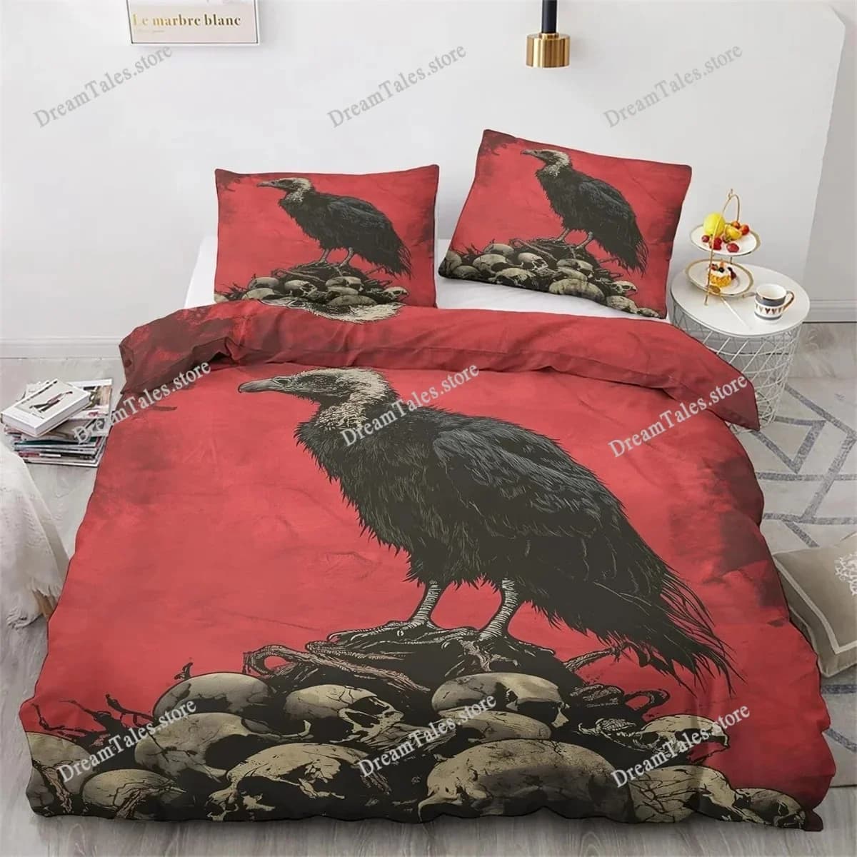 Crow Skeleton Microfiber Bedding Set with Pillowcases,Vintage 3D Printed Quilt Cover with Zipper for Kids Aldults Luxury Gift