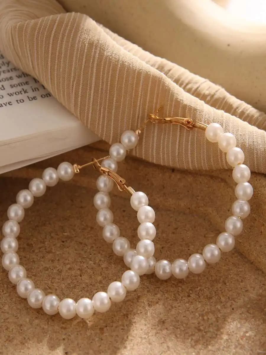 Faux Pearl Beaded Hoop Earrings Faux Pearl Beaded Hoop Earrings Allover Pearl Earring Hoop Earrings Women's Fashion Accessories