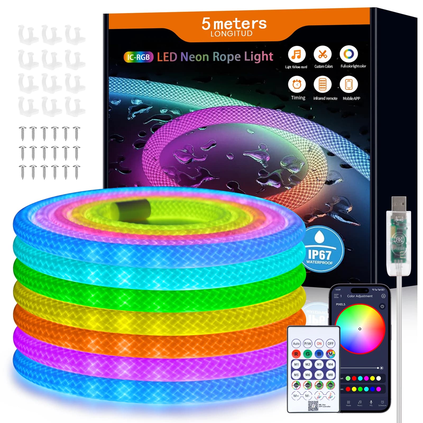 360 Glow Round RGB Neon LED Striscia intrecciata 24 tasti Bluetooth APP Telecomando 5V USB WS2812B Sincronizzazione musicale Decorazione corda impermeabile