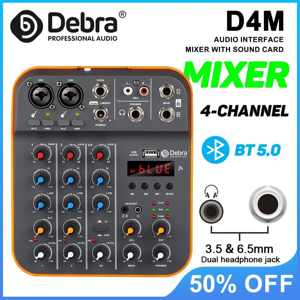 Debra D4M Mini mixer audio a 4 canali, console DJ con scheda audio USB Reverb Bluetooth 5.0 48V per registrazione su PC, karaoke