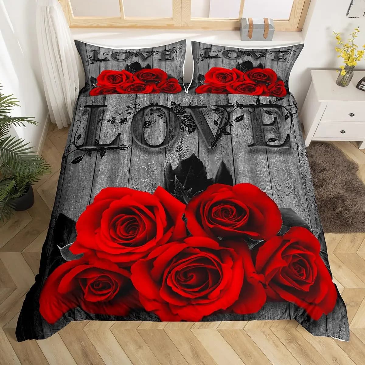 Set Copripiumino 3 Pezzi con Stampa Rose Rosse e Bianche, Misura Full King, Morbido, Traspirante, Include 1 Copripiumino, 2 Federe