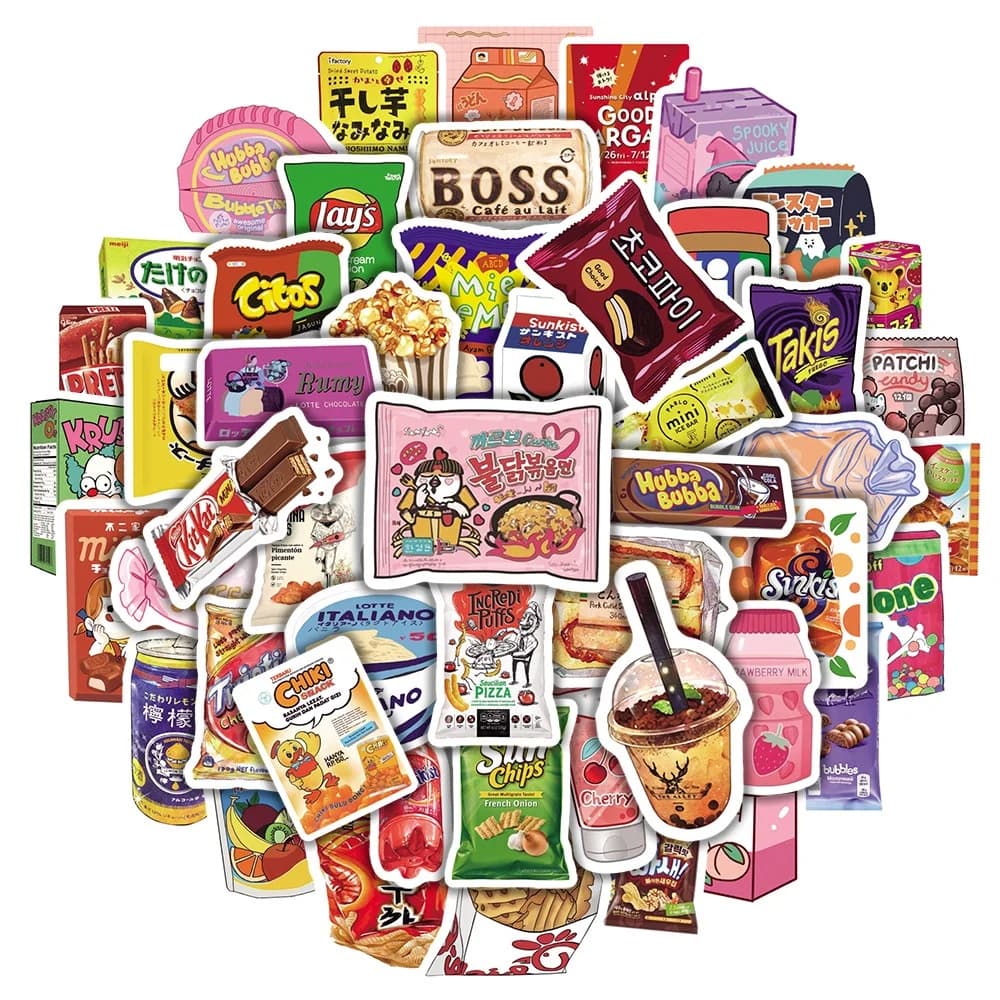 50 Pezzi Adesivi Impermeabili a Tema Snack Cartoon per Telefono, Bici, Moto, Casco - Sticker Decalcomania per Negozio di Storie