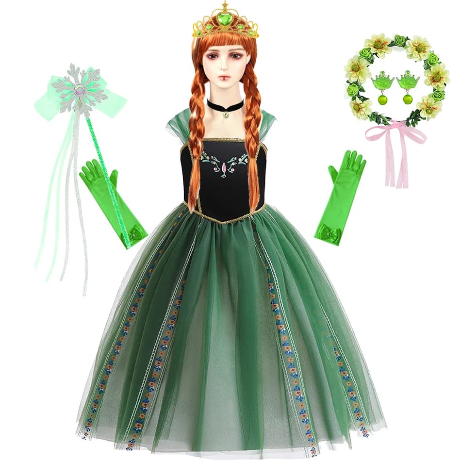 Dress For Anna Cosplay Princess Luxury Green Embroidery Tulle Frock Halloween Stage Performance 2-10 Yrs Kids Fantasy Outfits