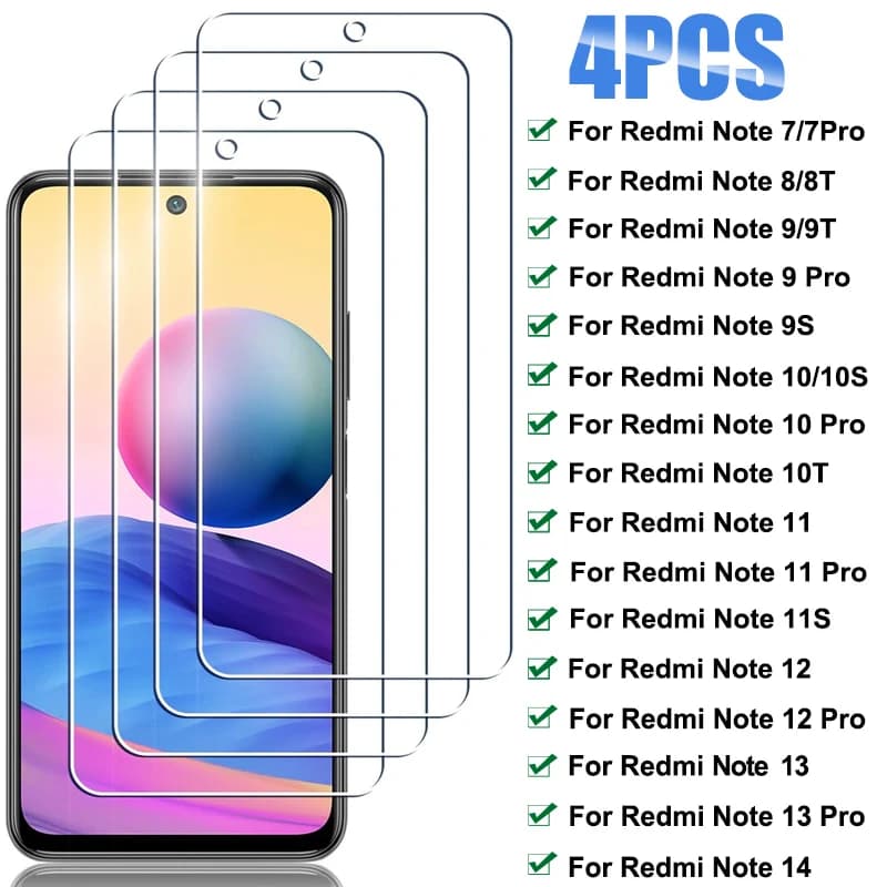 4PCS Vetro Temperato per Xiaomi Redmi Note 11 11s 10 9 8 7 Pro 10s 9s 8t 9t Protezione Dello Schermo Per Redmi Note 12 13 Pro 14 5G 12s