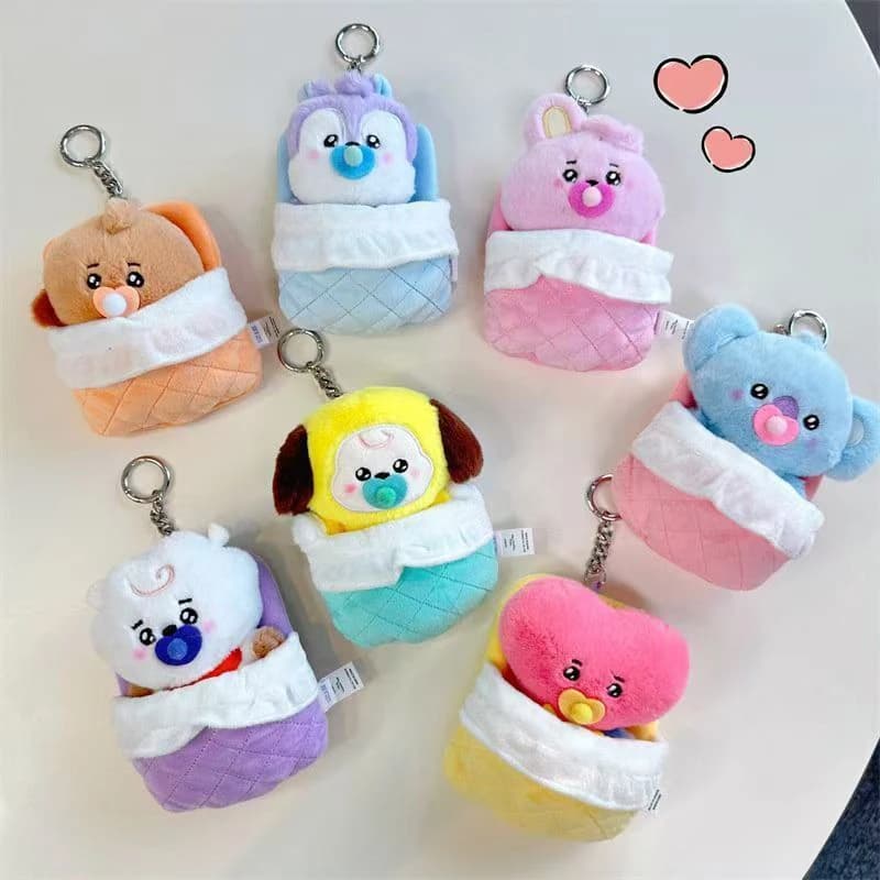 Borsa porta biberon BT21, serie di bambole di peluche a forma di sacco nanna, portachiavi in peluche, souvenir di celebrità molto carini