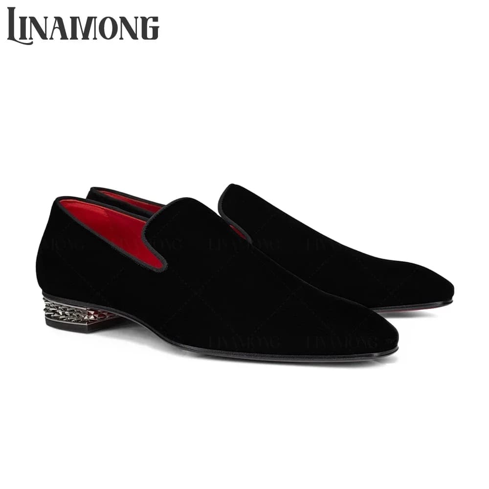 Mocassini di Lusso con Borchie e Tacco Basso Quadrato per Uomo, Scarpe Eleganti in Camoscio Nero, Calzature di Design alla Moda per Matrimoni