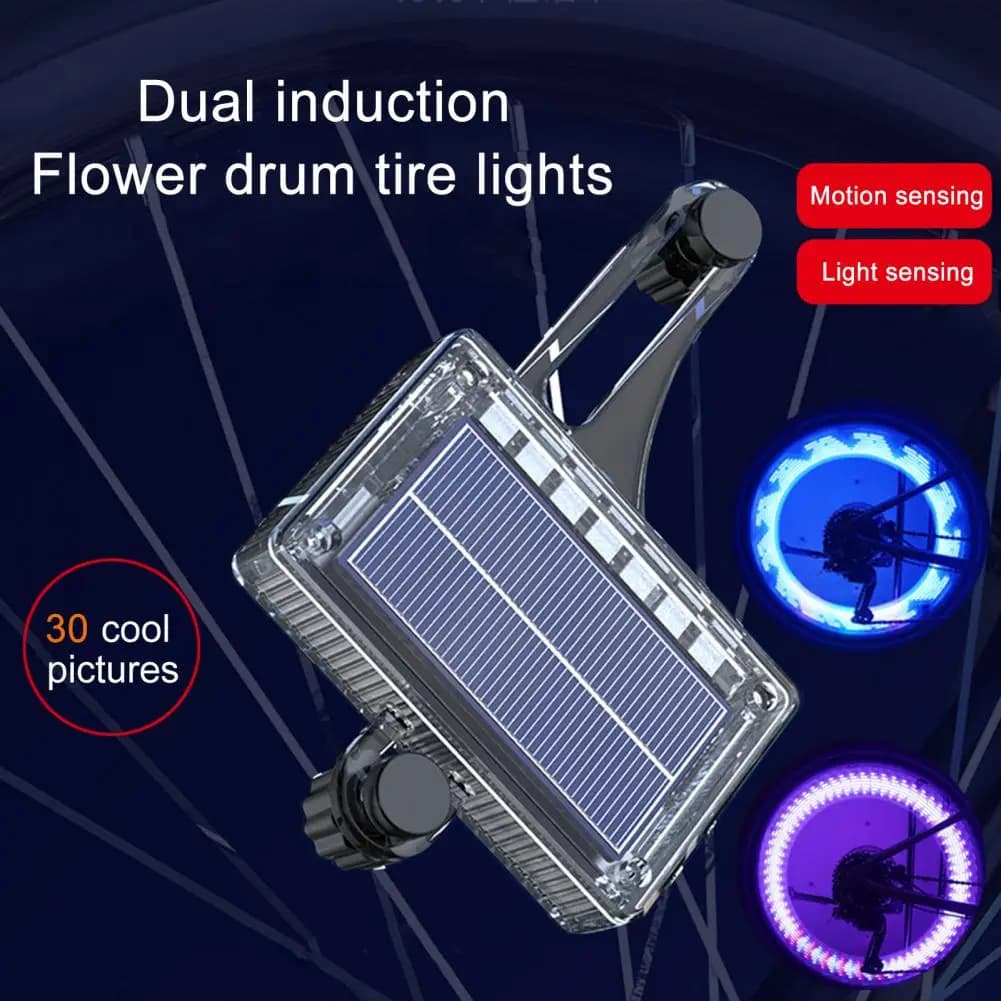 Lampada solare per raggi per bici Sensore di movimento leggero Guida notturna LED Spia di sicurezza Cerchione per bicicletta Decorazione ruota Lampada per pneumatici Accessori per bici