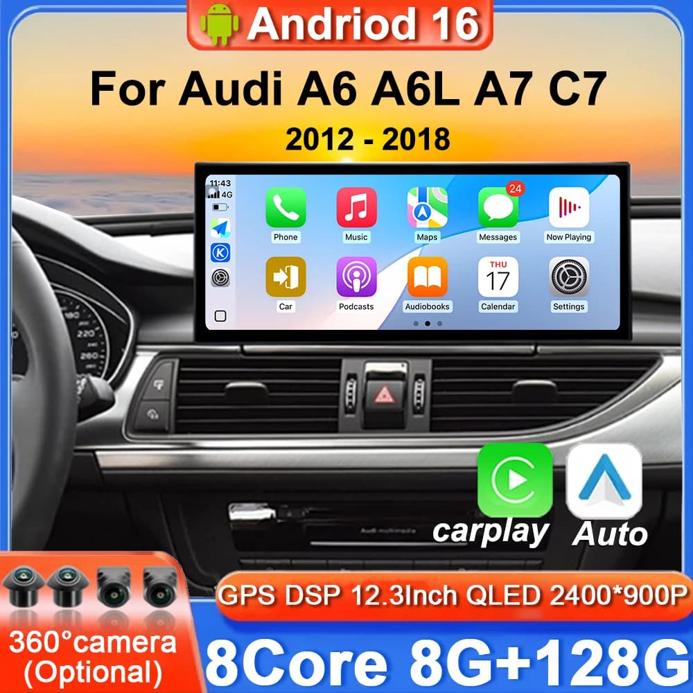 Per Audi A6 A6L A7 C7 2012-2018 Schermo Touch da 12,3 Pollici Android 16, Autoradio Stereo con Carplay, Monitor Multimediale con GPS e Navigazione