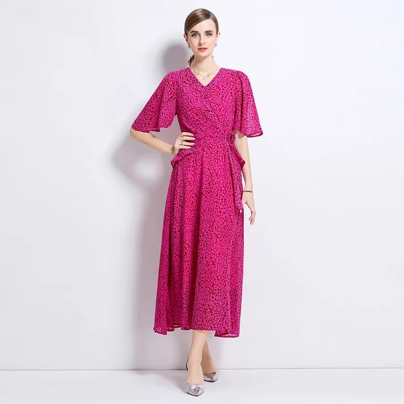 Elegante Abito Lungo con Scollo a V e Stampa Leopardata, Gonna Midi alla Moda, Stile da Ufficio, in Misto Poliestere, Manica Corta