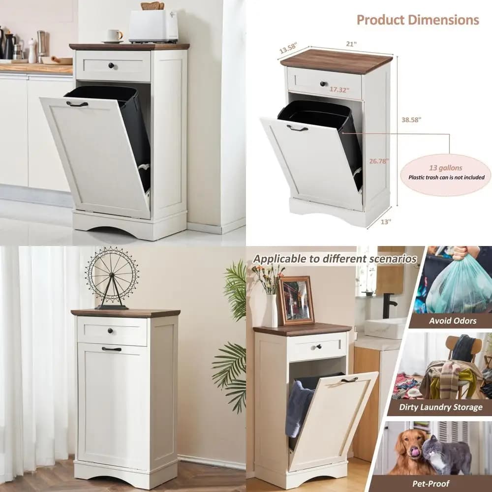 Armadietto della spazzatura da cucina indipendente in legno con contenitore inclinabile, contenitore riciclabile, cassetto nascosto, design adatto agli animali domestici
