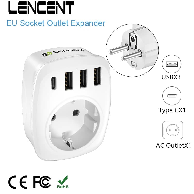 LENCENT EU Plug Outlet Expander Wall USB Charger with 1 AC Outlet 3 USB Ports and 1 Type C Travel Adapter 4000W for Travel Home