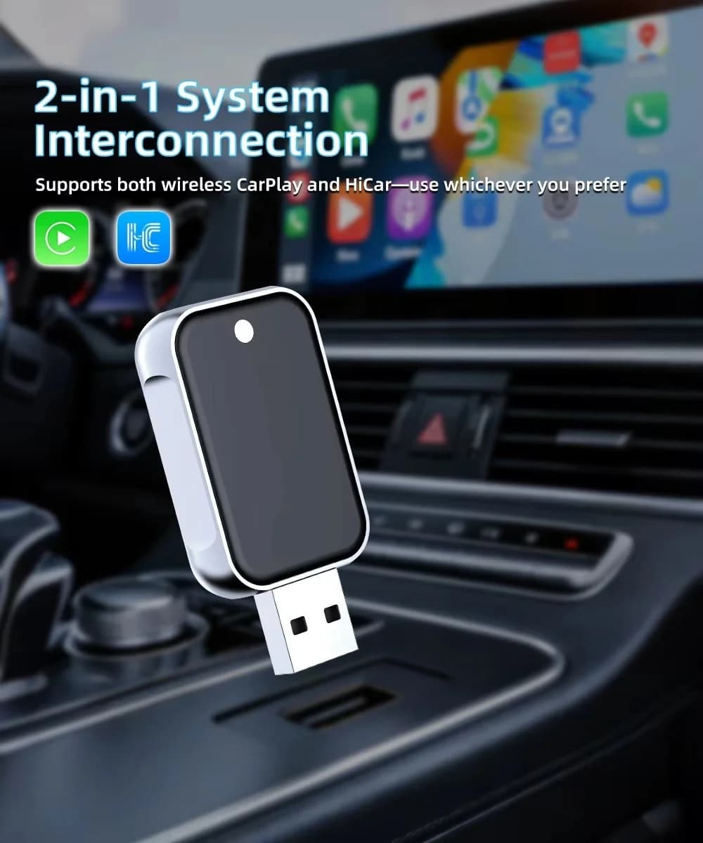 HGB0E Adattatore Smart Box 2-in-1 per Auto, Wireless CarPlay e HiCar, BT 4.2 WIFI 4, Connessione Automatica Plug and Play, Chip Intelligente per Auto