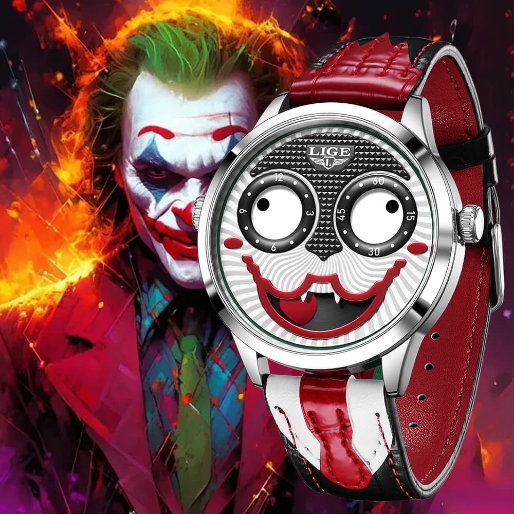 LIGE Orologio da uomo Cool Joker Orologi classici Moda da uomo Clown Cinturino in pelle Orologi da polso al quarzo impermeabili per uomo Reloj Hombre