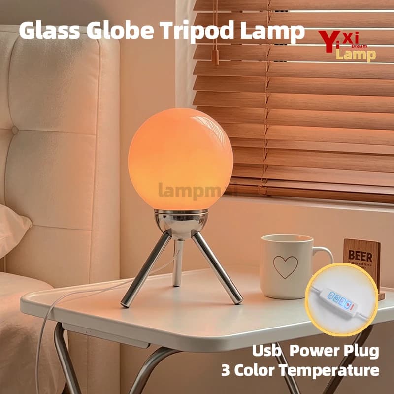 Murano Glass Globe Tripod Table Lamp, Bauhaus Minimalist Bedside Lamp, Decor Desk Light for Bedroom, Dorm, Study & Living Room