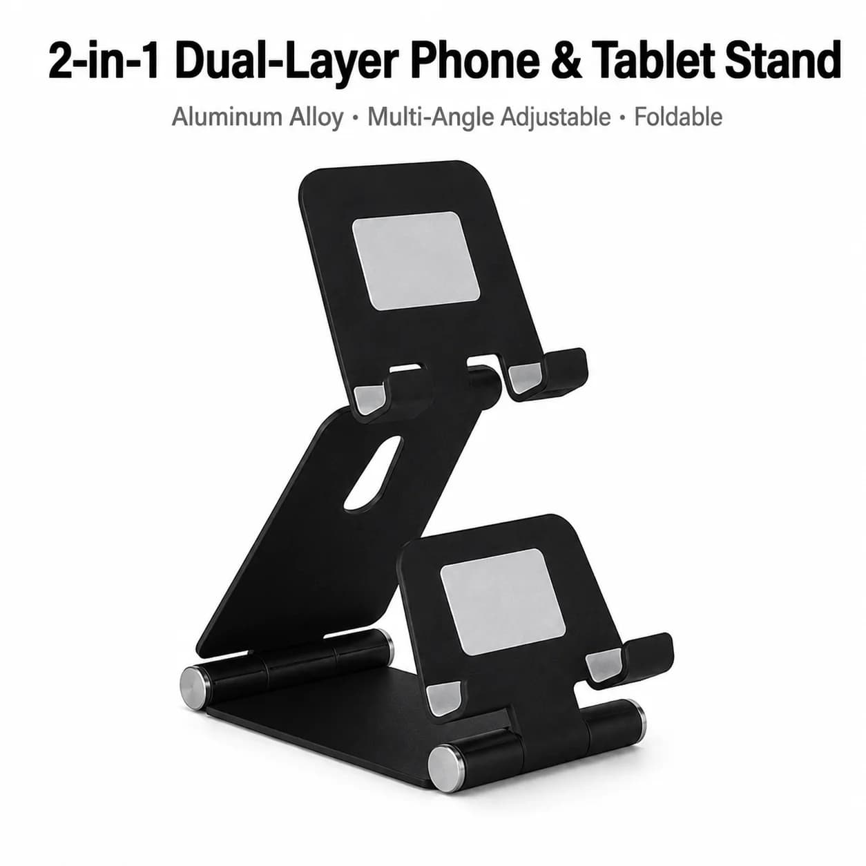 2-in-1 Dual Layer Foldable Aluminum Phone Tablet Stand, Multi-Angle Adjust Desk Holder for iPad iPhone Android Devices