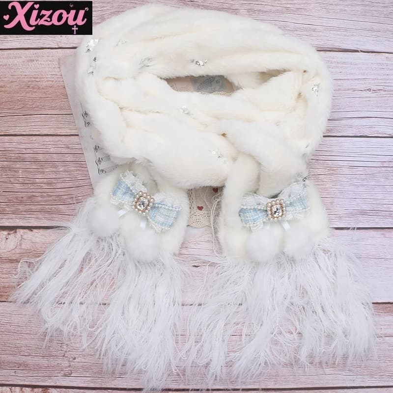 Sciarpa dolce originale giapponese prodotta in massa da donna con paillettes fiocco di neve ricamato con fiocco Lolita sciarpa soffice per le donne